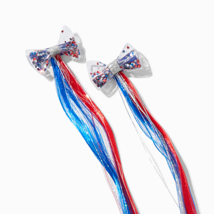 Stars &amp; Stripes Confetti Bow Faux Hair Clip In Extensions - 2 Pack,