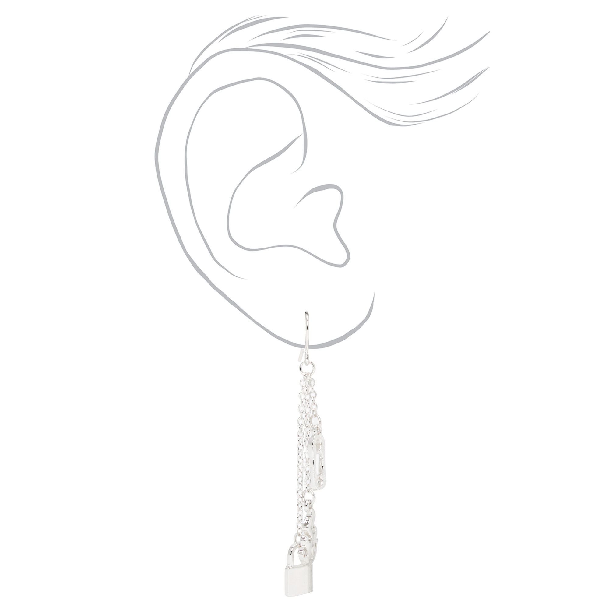 Silver 2" Safety Pin, Lock & Flame Linear Drop Earrings,