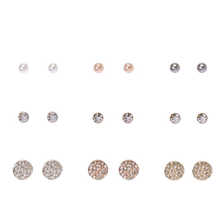 Faux Pearl Crystal Bling Stud Earrings Set Claire S
