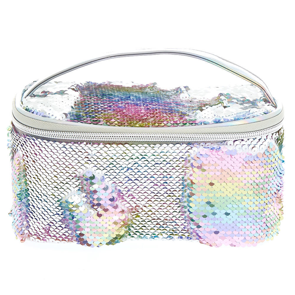 Trousse de maquillage structurée pastel arc-en-ciel avec sequins réversibles,