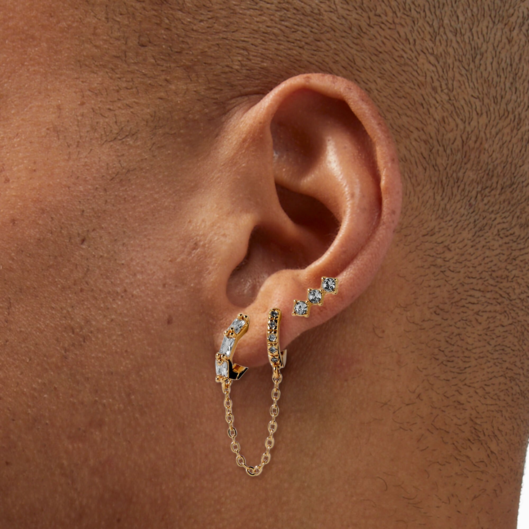 Boucles d'oreilles empilables en zircon cubique couleur dorée - Lot de 3,