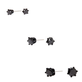 Black Cubic Zirconia 3mm, 4mm, &amp; 5mm Round Stud Earrings - 3 Pack ,
