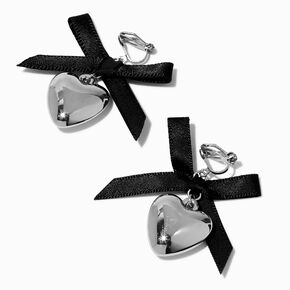 Black Bow &amp; Silver-tone Heart Clip-On Earrings ,