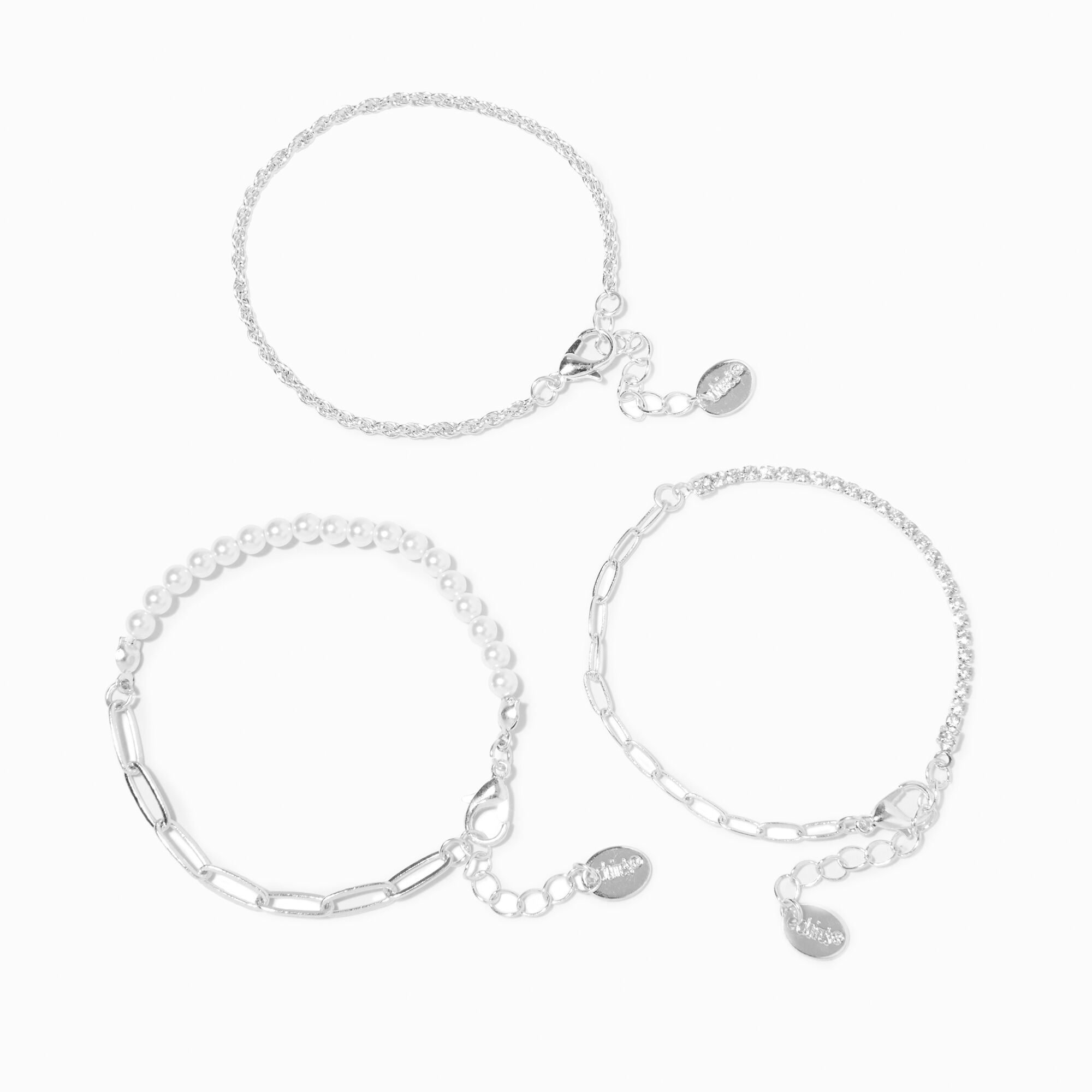 View Claires Tone Pearl Woven Chain Bracelets 3 Pack Silver information