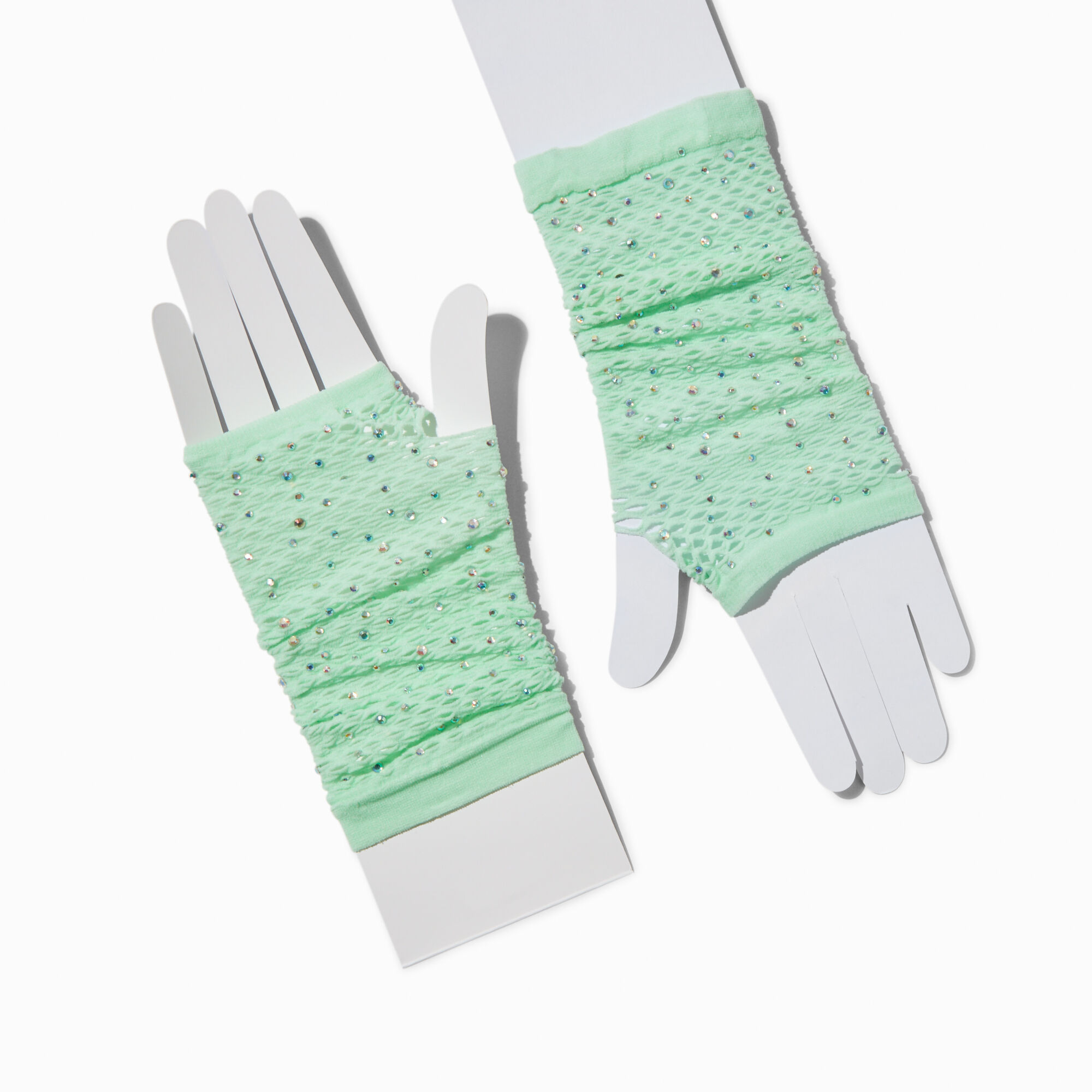 View Claires Mint Crystal Fishnet Fingerless Gloves Green information