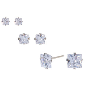 Silver Cubic Zirconia Square Stud Earrings - 3MM, 4MM, 6MM,