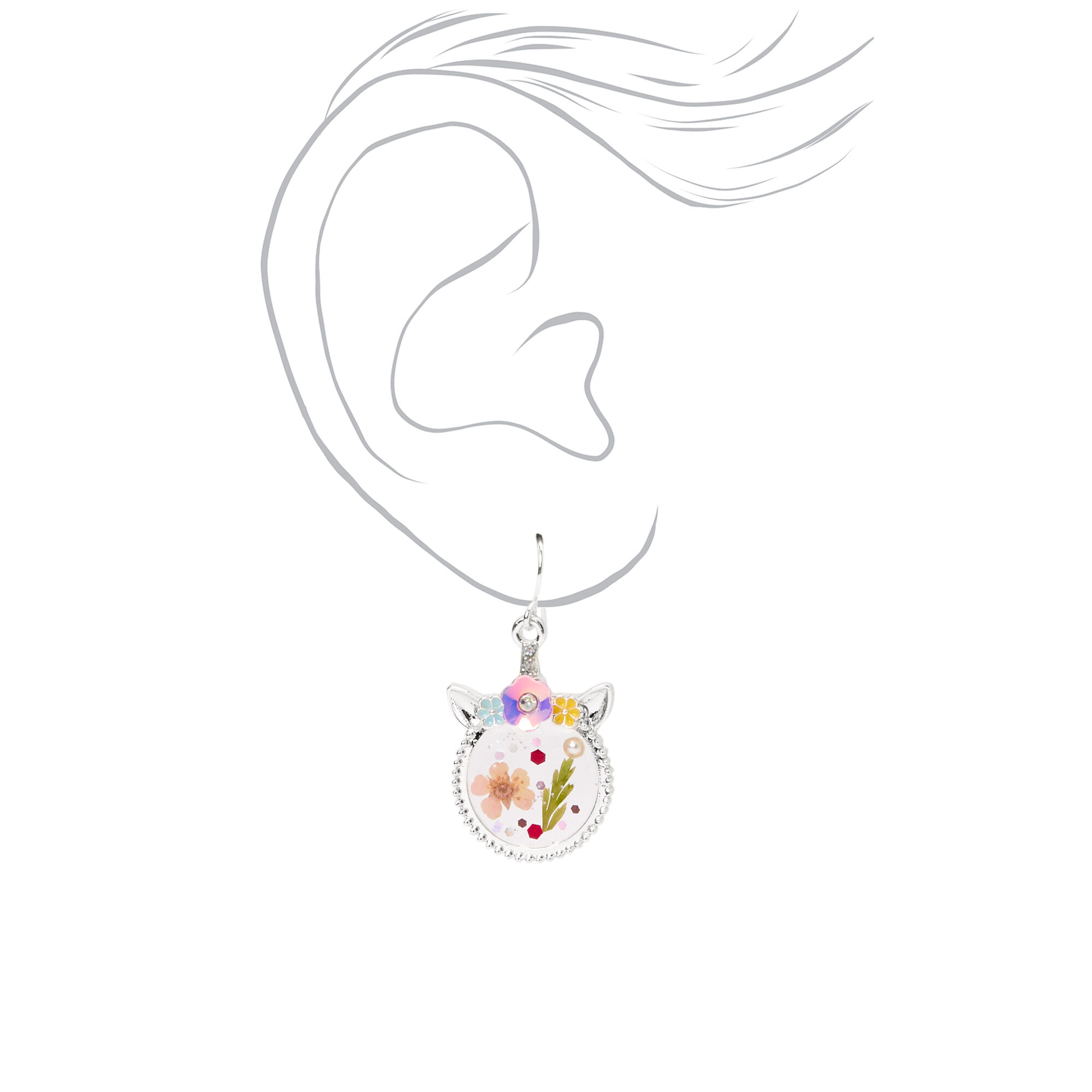 Silver 1" Pressed Flowers and Unicorn Drop Earrings,