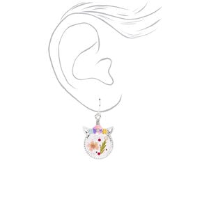Silver 1&quot; Flower Pressed Unicorn Drop Earrings,