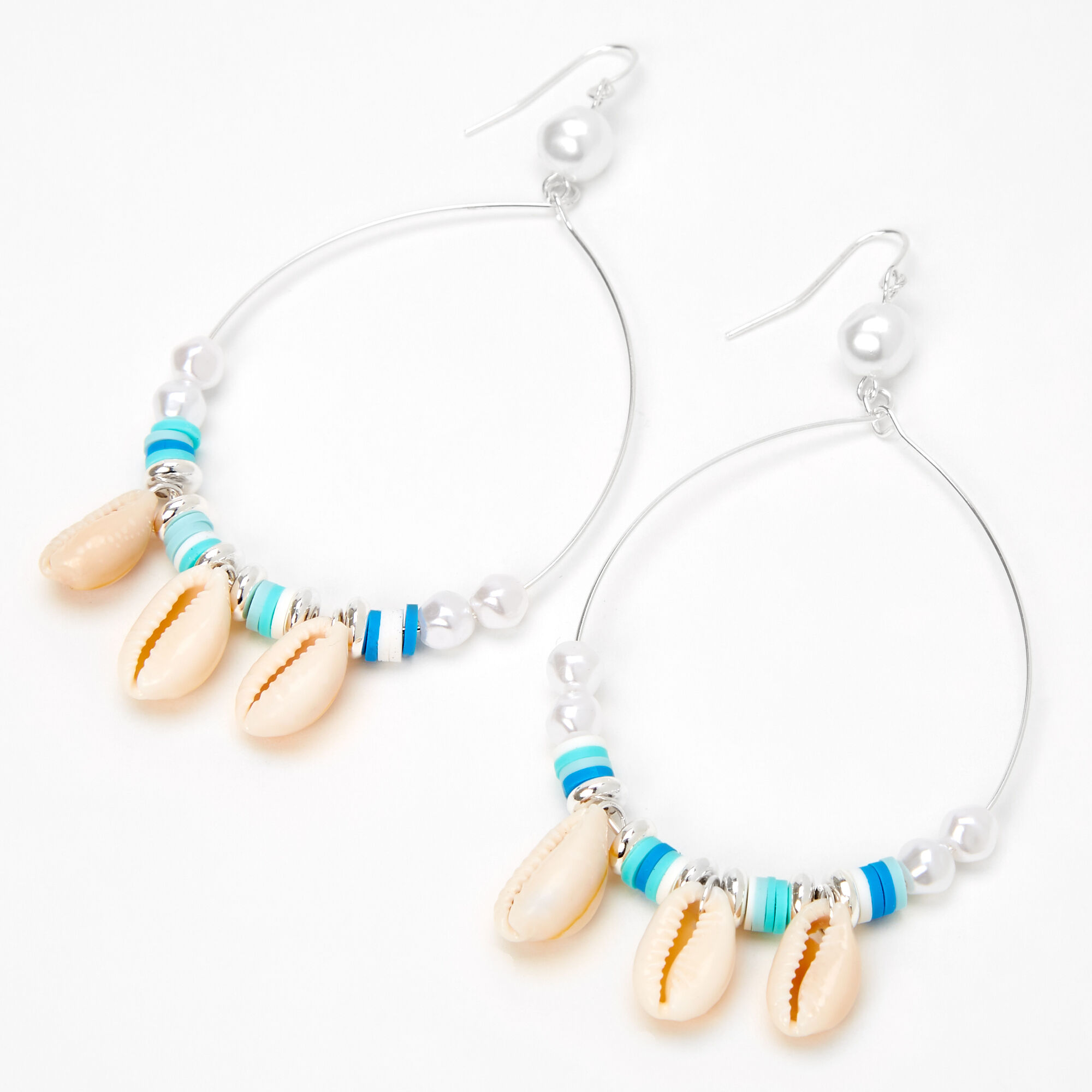 Claire's Créoles disques et coquillages cauris 10 cm couleur argentée - Bleu