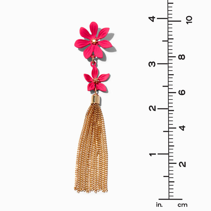 Gold-tone Fringe Pink Coated Double Flower 4&quot; Drop Earrings,