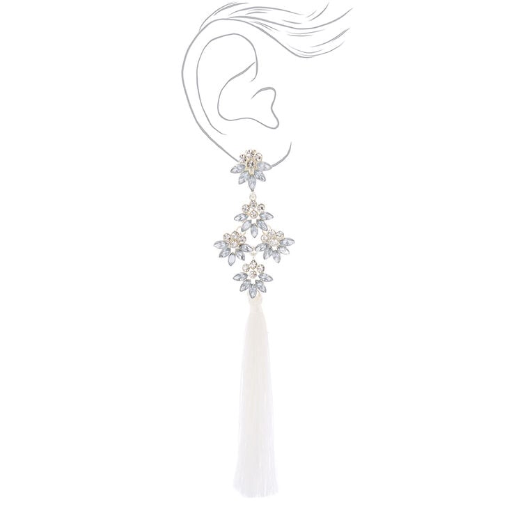 5&quot; Tassel Crystal Clip On Drop Earrings - White,