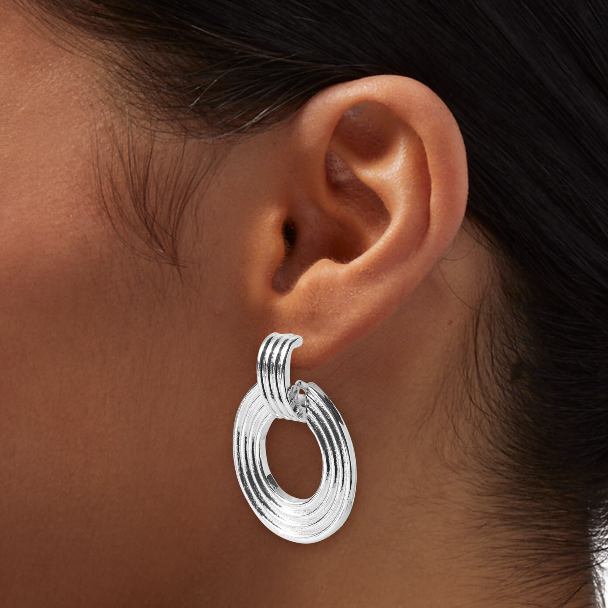 Silver-tone Ridged Doorknocker Drop Earrings,