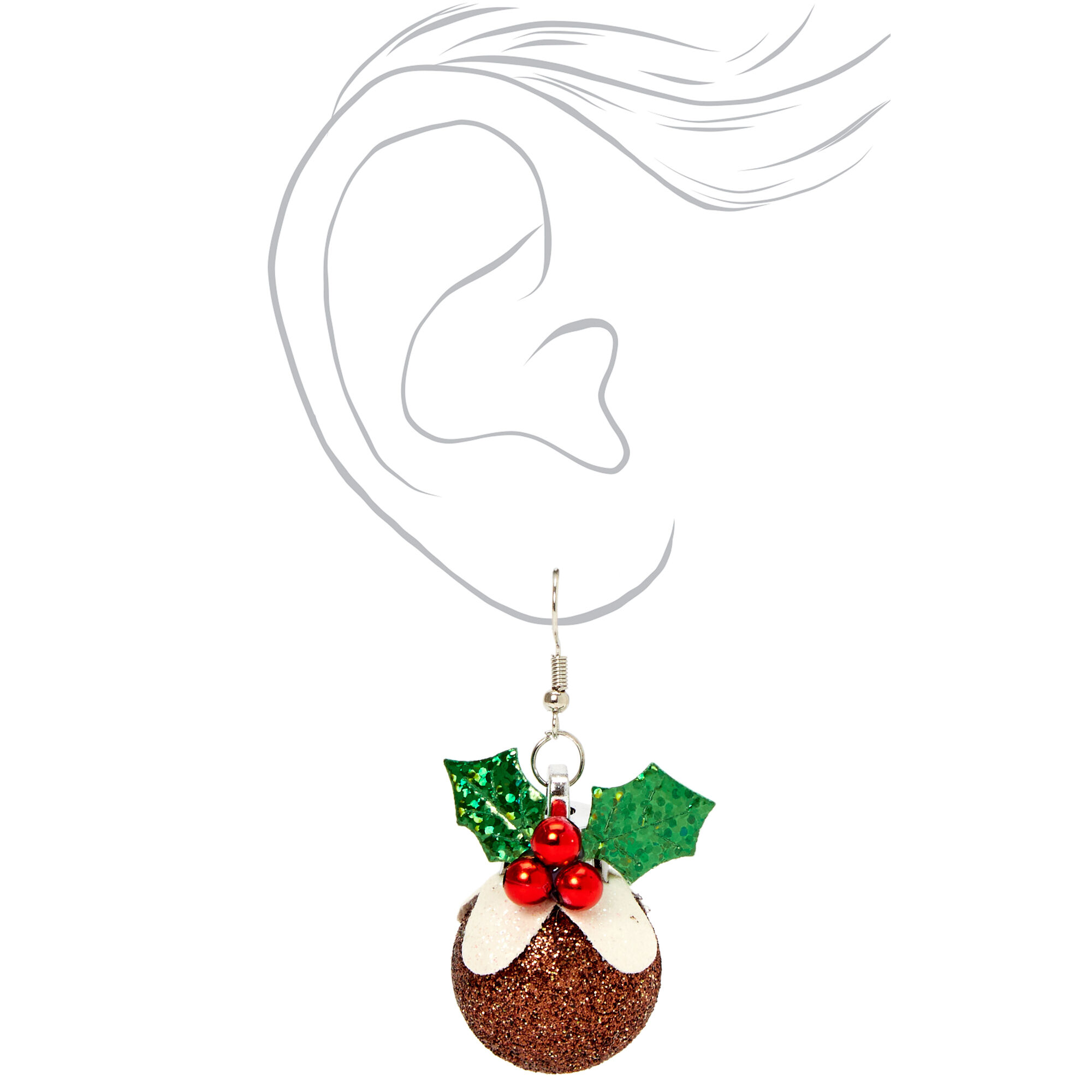 Silver 2" Christmas Pudding Drop Earrings - Brown,
