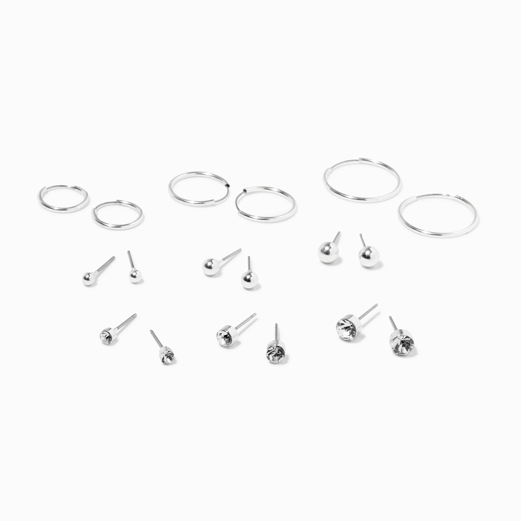 View Claires Tone Crystal Mixed Stud Hoop Earrings 9 Pack Silver information