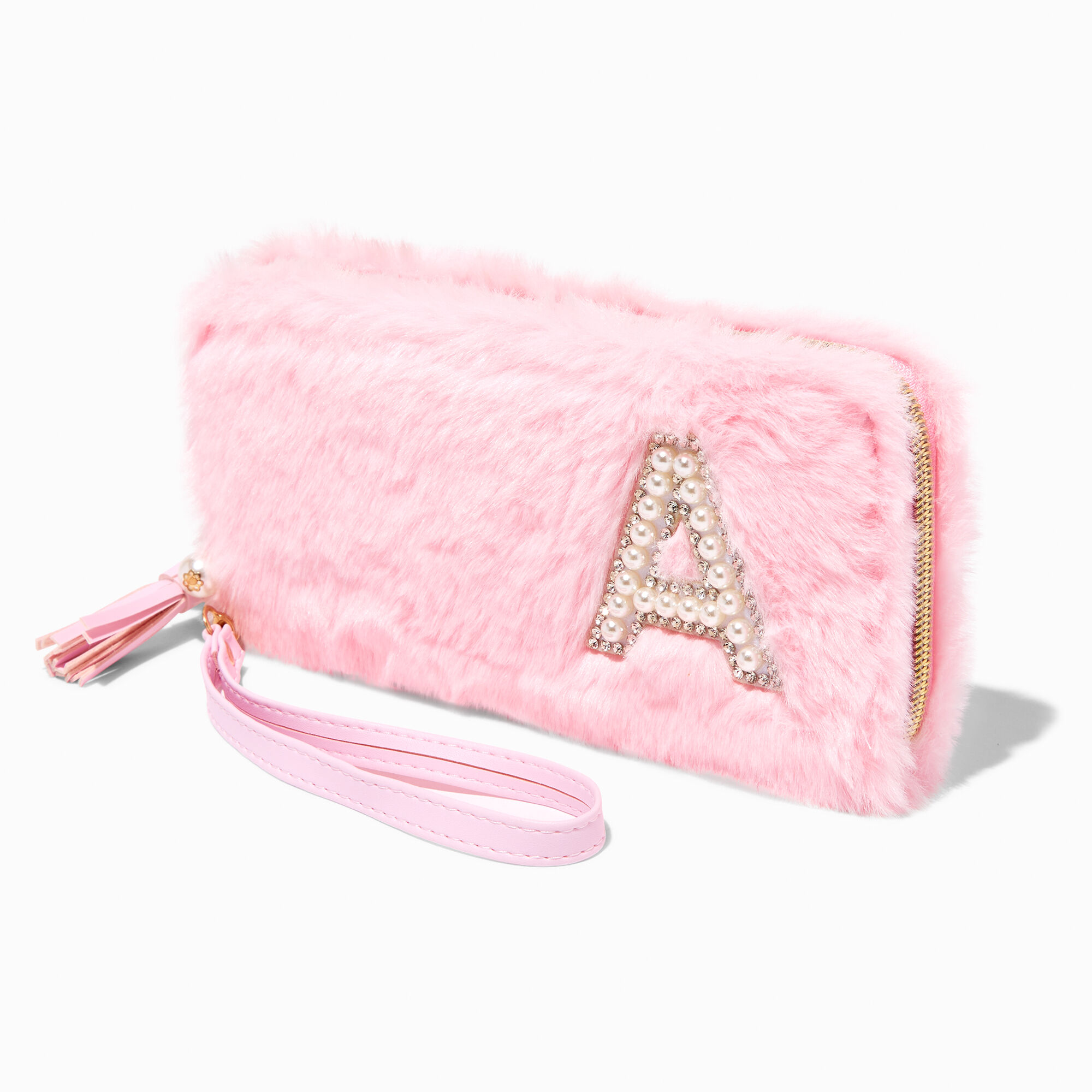View Claires Furry Pearl Initial Wristlet Wallet A Pink information