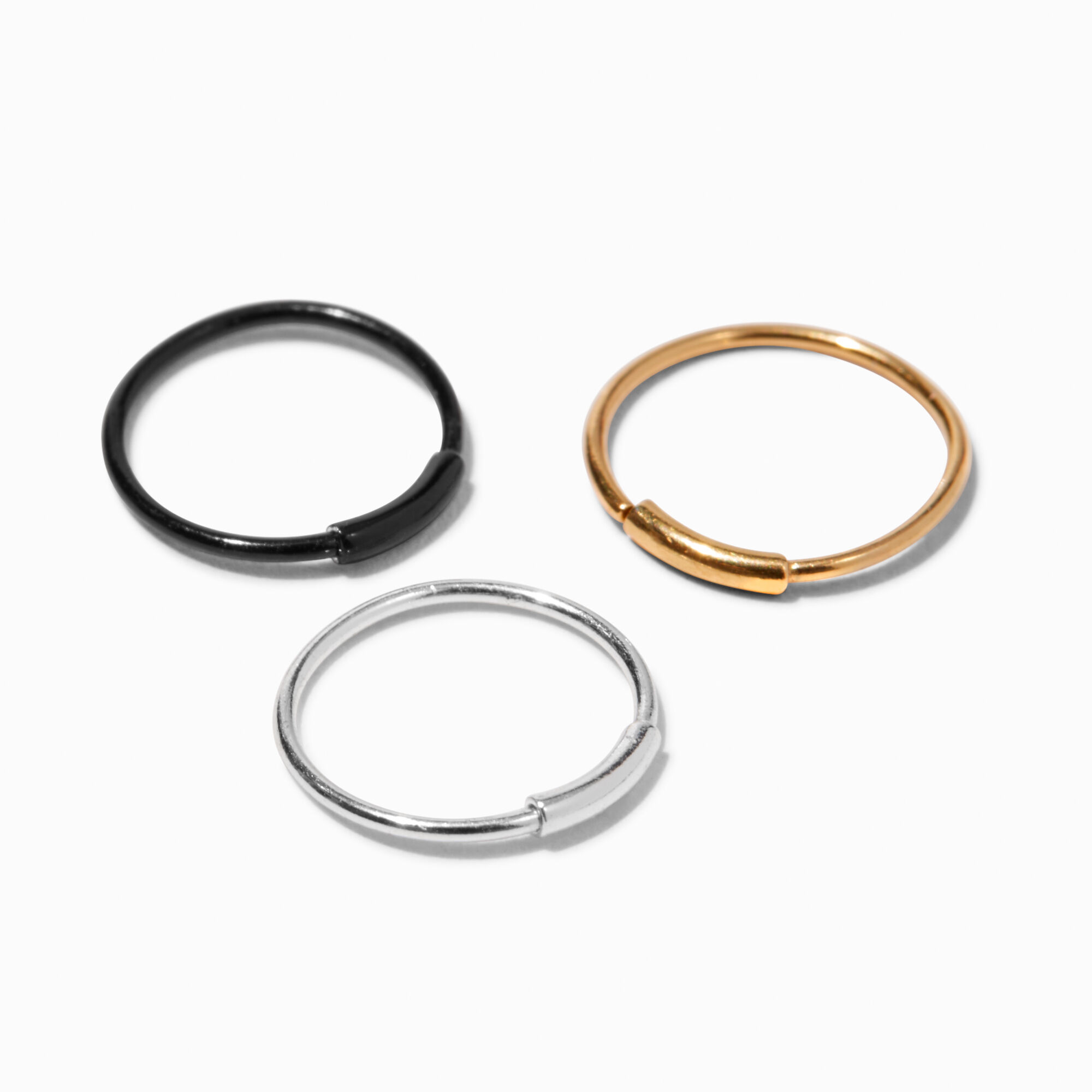 View Claires 22G Mixed Metal Banded Hoop Nose Rings 3 Pack Silver information