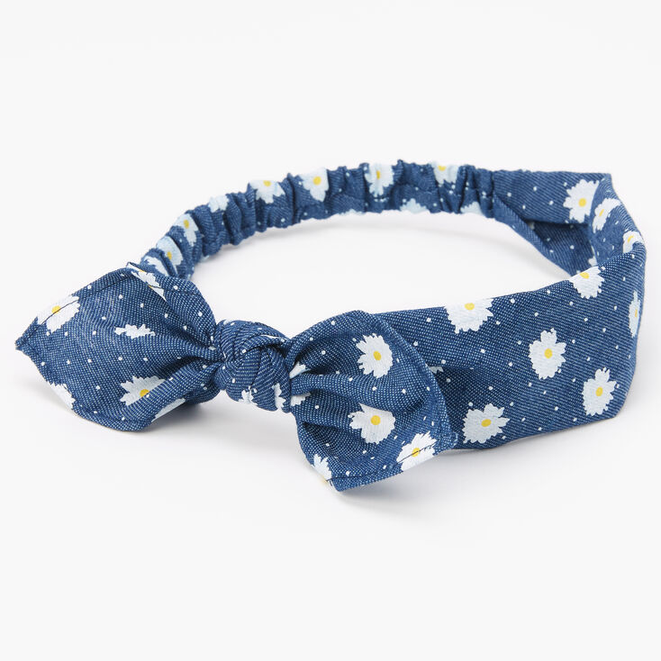 Claire's Bandeau à nœud noué marguerites couleur jean - Bleu