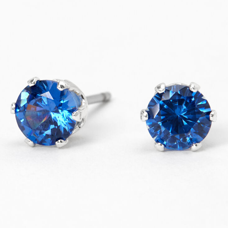 Silver Cubic Zirconia Round Stud Earrings - Blue, 5MM