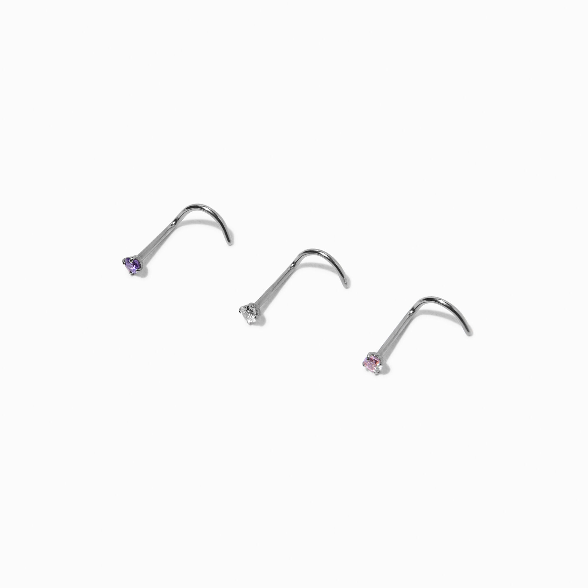 View Claires Titanium 20G Clear Pink Purple Nose Studs 3 Pack Silver information