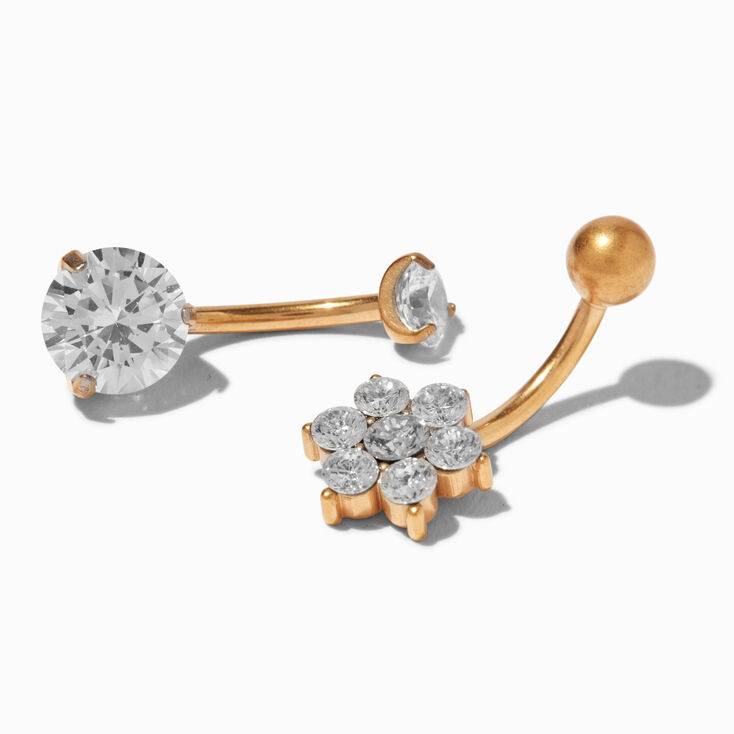 Gold-tone Titanium Cubic Zirconia Flower 14G Belly Bars - 2 Pack,
