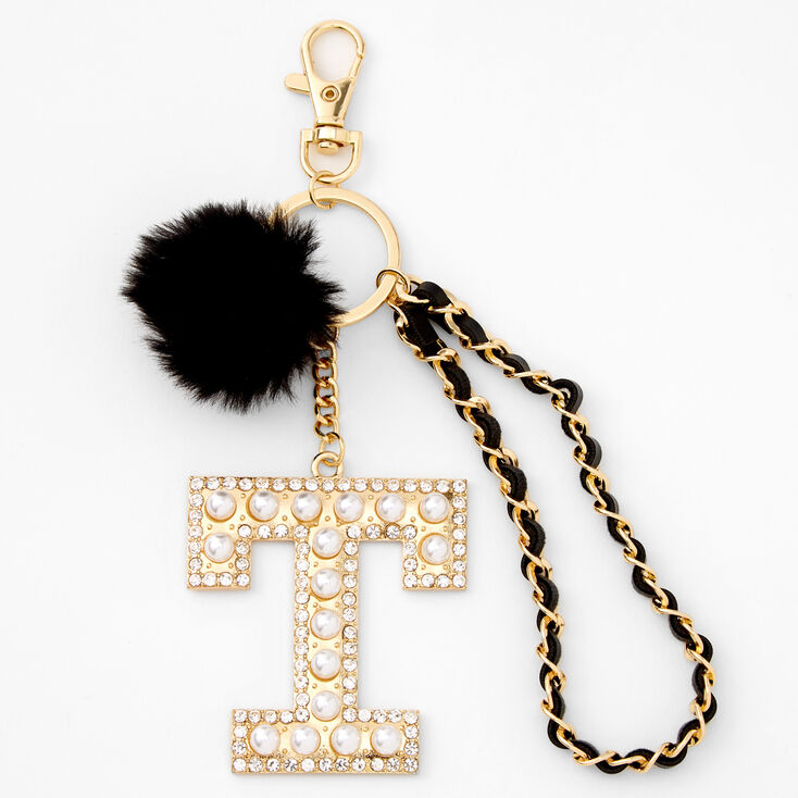 Gold Bling Initial Pom Pom Keychain - Black, T,