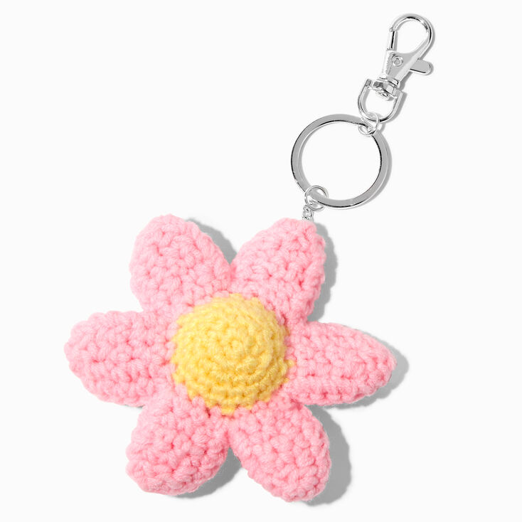 Pink Crocheted Flower Keychain,