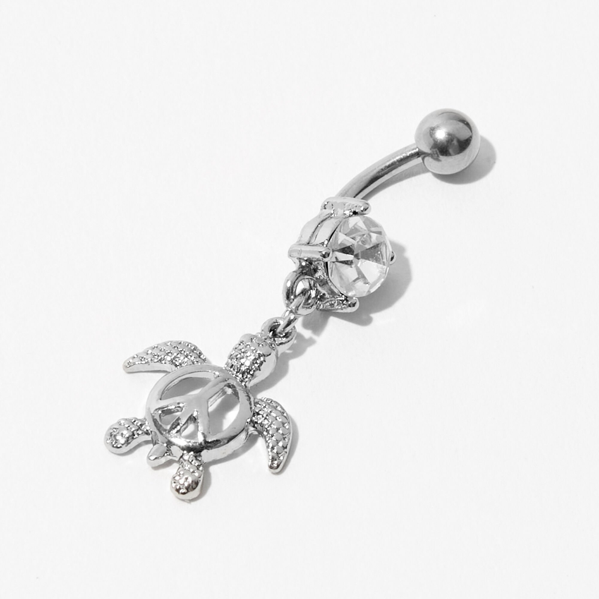 View Claires Tone 14G Peace Love Turtle Dangle Belly Bar Silver information