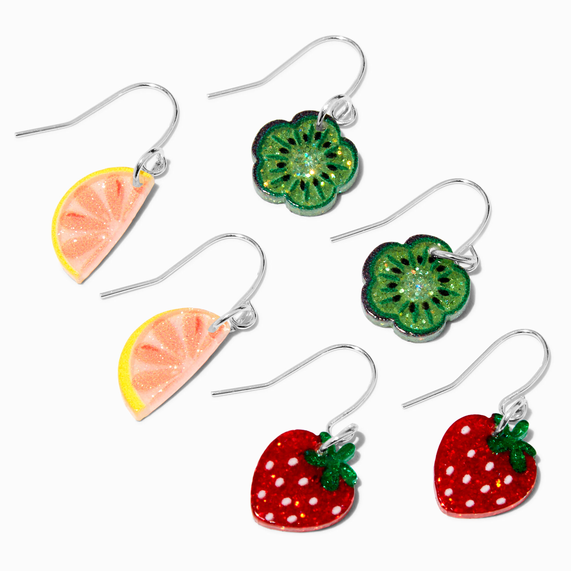 View Claires Acrylic Fruit 05 Drop Earrings 3 Pack Silver information