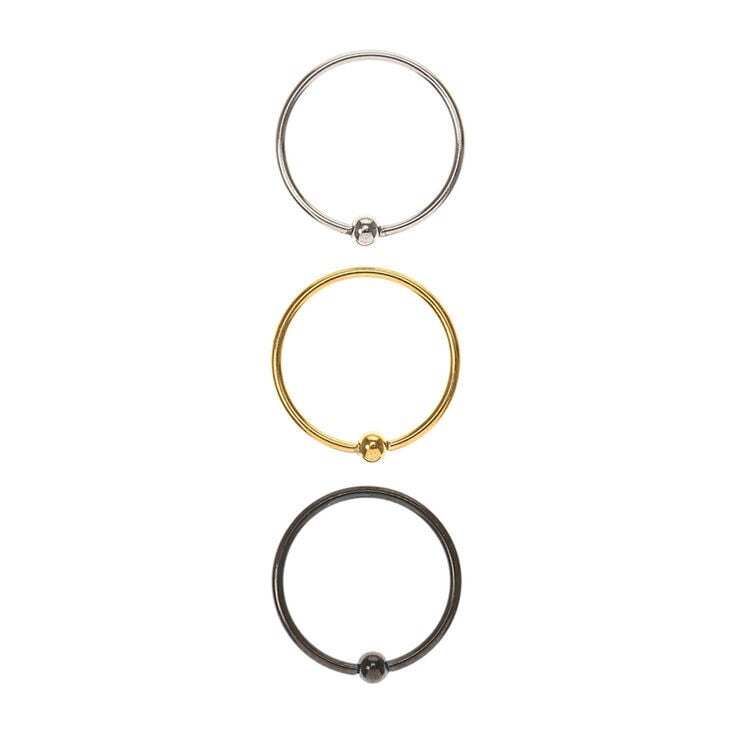 Silver, Gold &amp; Black 20G Ball Hoop Nose Ring Set - 3 Pack,