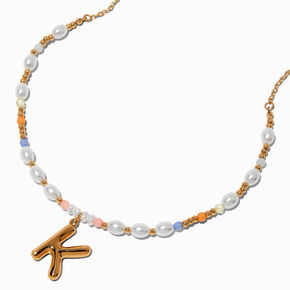 Gold-tone Bubble Initial Pastel Beaded Pendant Necklace - K,