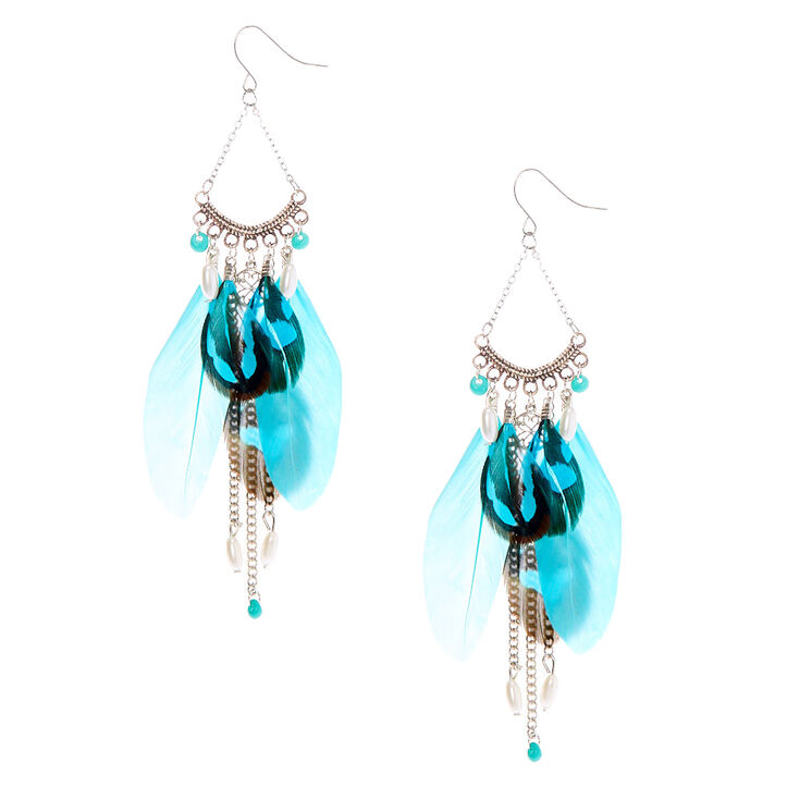 Silver 4&quot; Beaded Feather Drop Earrings - Turquoise,