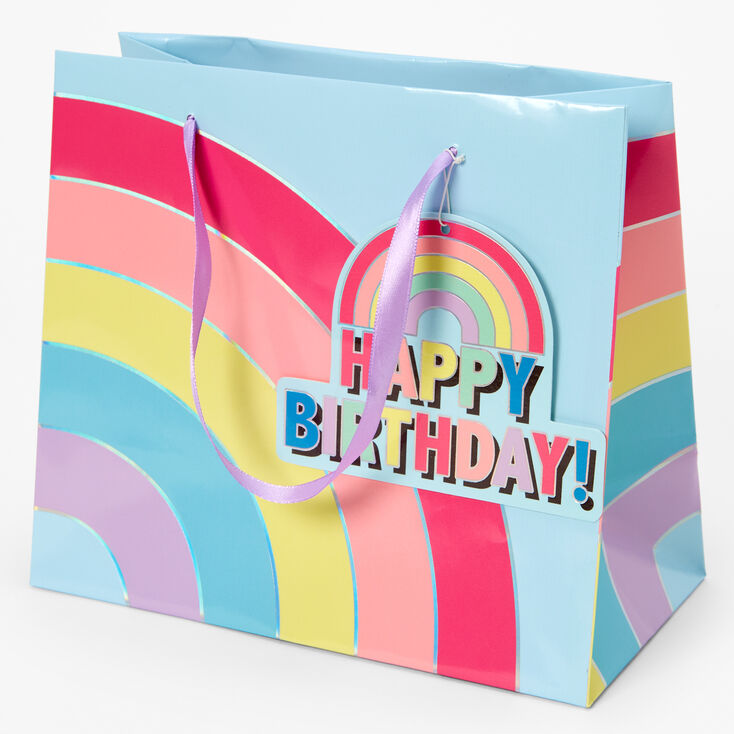 Sac cadeau arc-en-ciel &laquo;&nbsp;Happy Birthday&nbsp;&raquo; de taille moyenne,