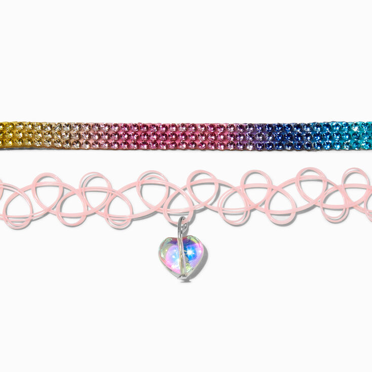 Ras-de-cou c&oelig;ur effet tatouage rose et strass arc-en-ciel - Lot de 2,