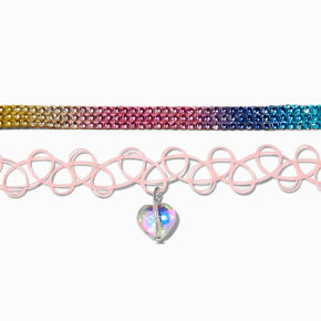 Rainbow Crystal &amp; Pink Tattoo Heart Choker Necklaces - 2 Pack,