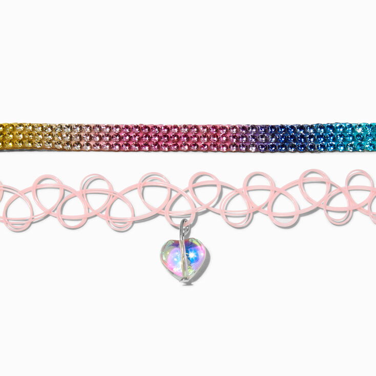 Rainbow Crystal &amp; Pink Tattoo Heart Choker Necklaces - 2 Pack,