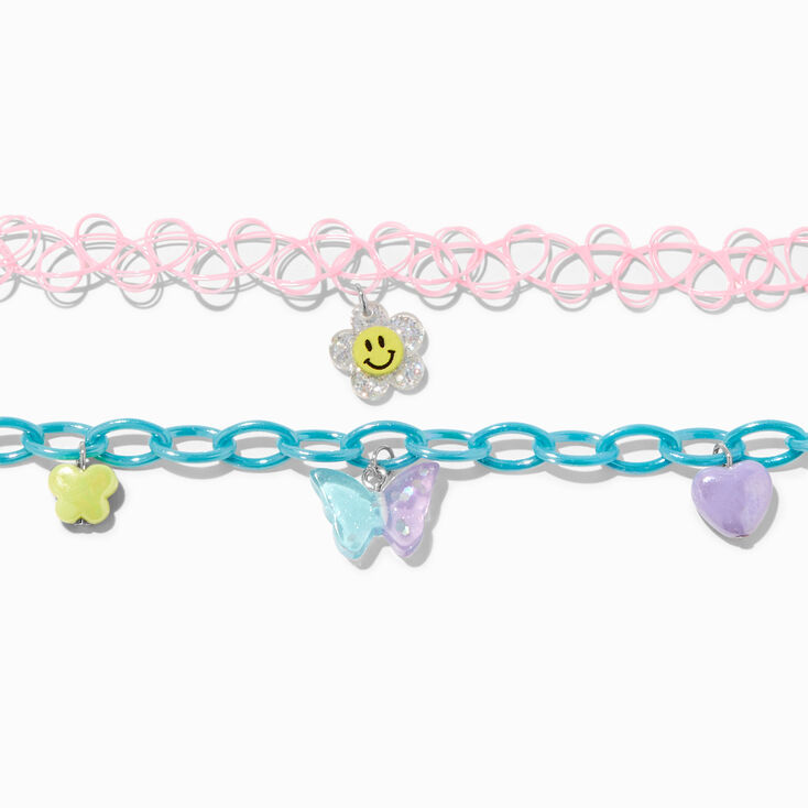 Happy Face Daisy &amp; Butterfly Charm Tattoo Choker &amp; Chainlink Necklaces - 2 Pack,