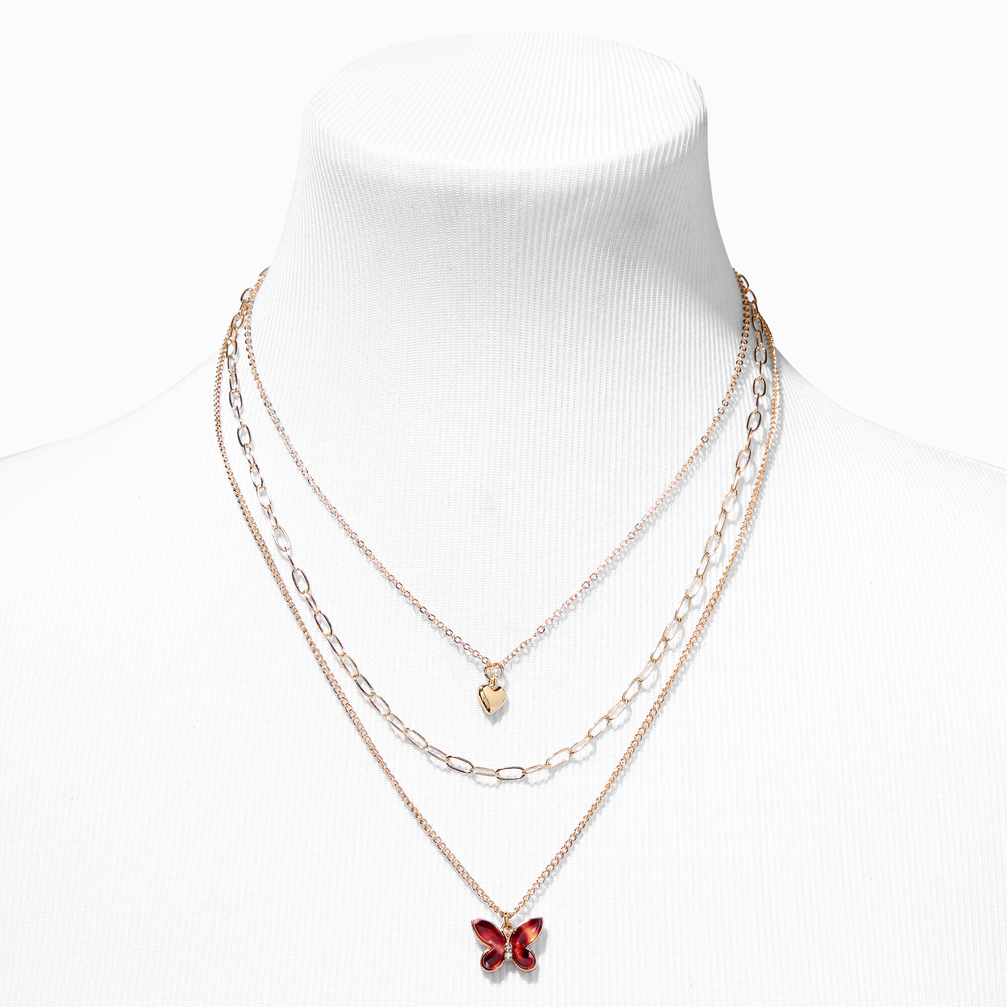 Gold Heart & Pink Butterfly Pendant Multi-Strand Necklace,