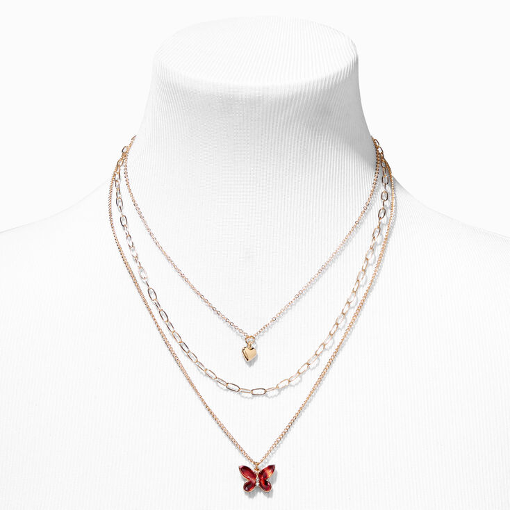 Gold Heart &amp; Pink Butterfly Pendant Multi-Strand Necklace,