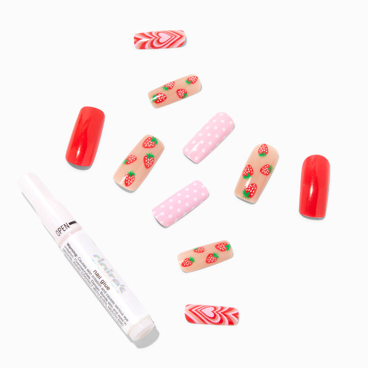Strawberry Polka Dot Long Square Vegan Faux Nail Set - 24 Pack,