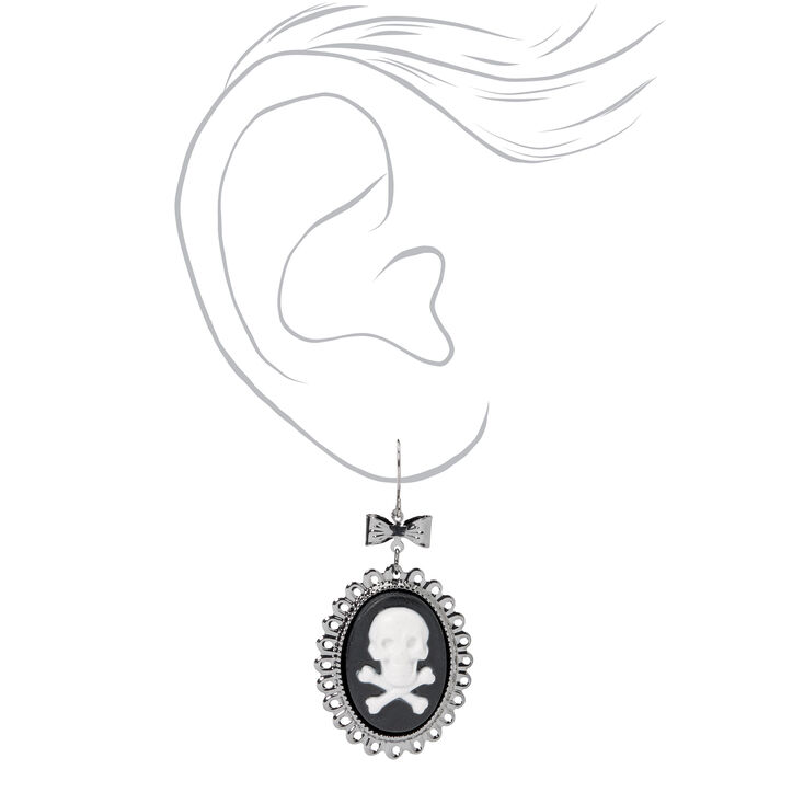 Silver 2&quot; Victorian Skull Medallion Drop Earrings,