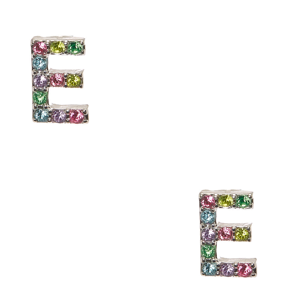 Pastel Gem Initial Letter E Silver Tone Stud Earrings
