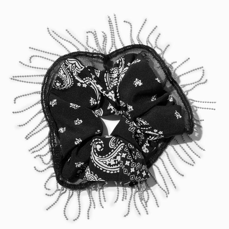 Black Bandana Print Chain Fringe Hair Scrunchie,
