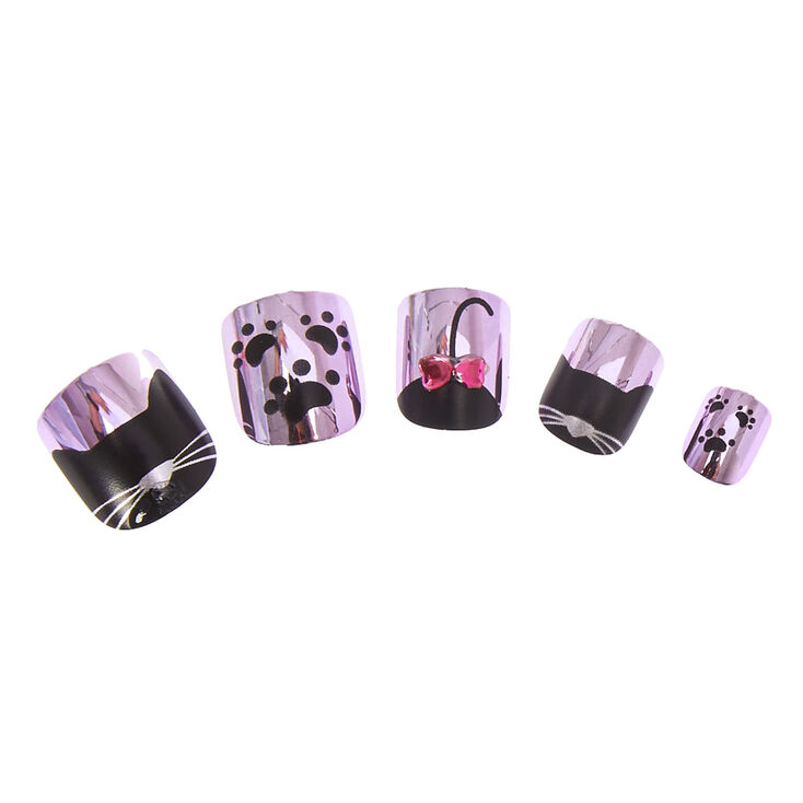 Kids Metallic Pink Black Cat Motif Press On False Nails