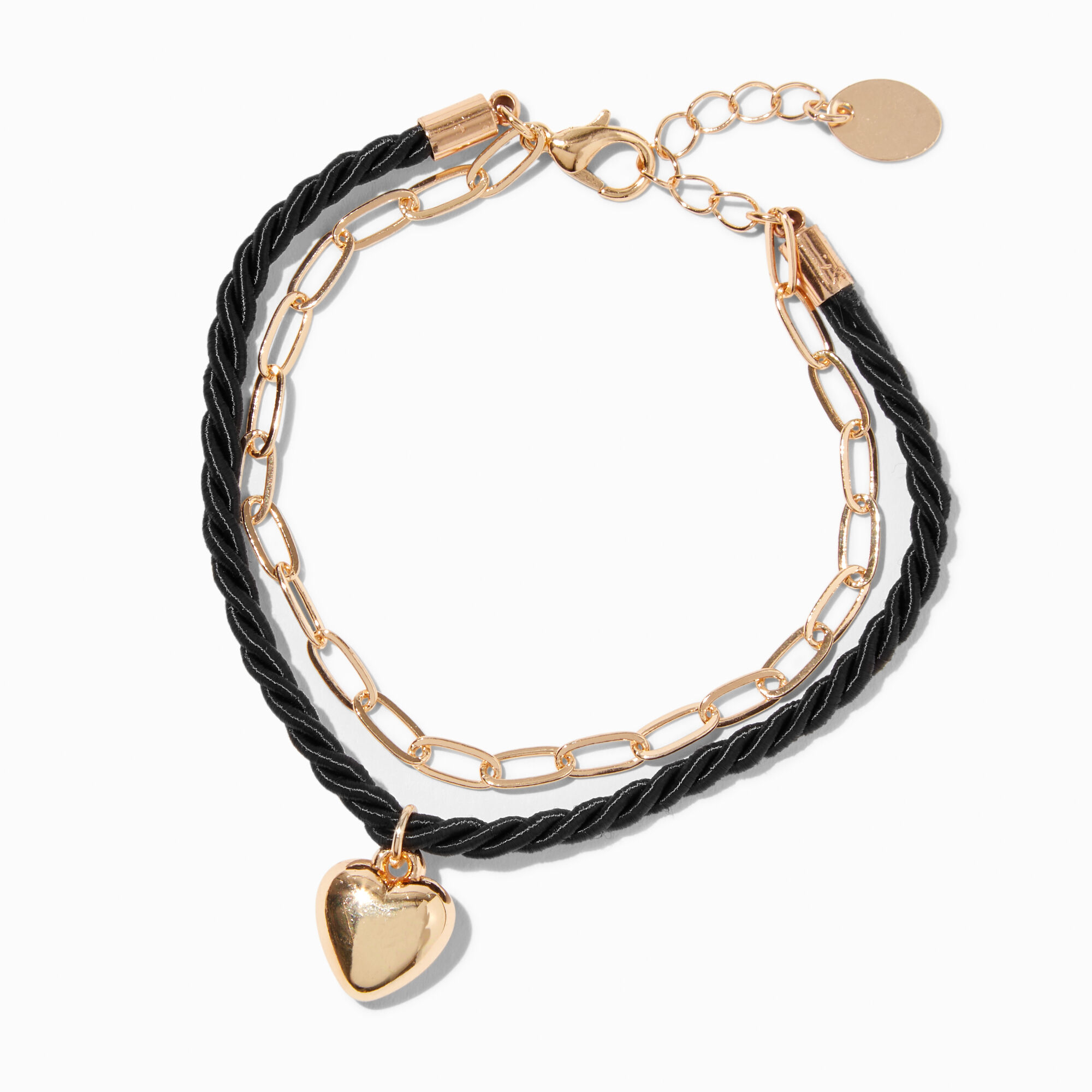 Gold-tone Chain & Black Rope Heart Charm Bracelet,
