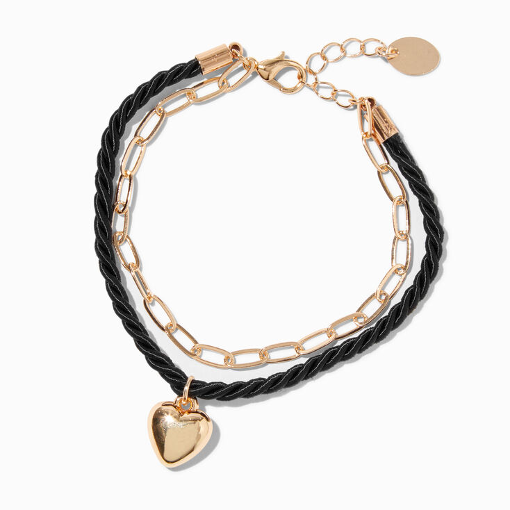 Gold-tone Chain & Black Rope Heart Charm Bracelet