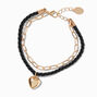 Gold-tone Chain &amp; Black Rope Heart Charm Bracelet,