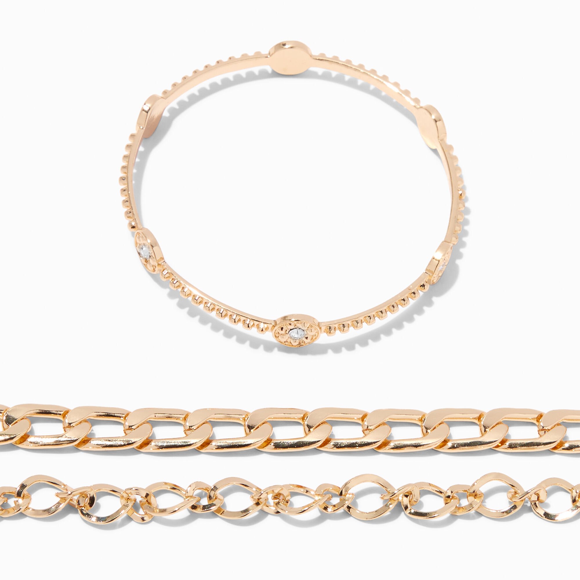 Gold Link Chain & Bangle Bracelets - 3 Pack,