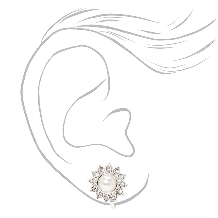 Silver Crystal Pearl Flower Clip On Stud Earrings,