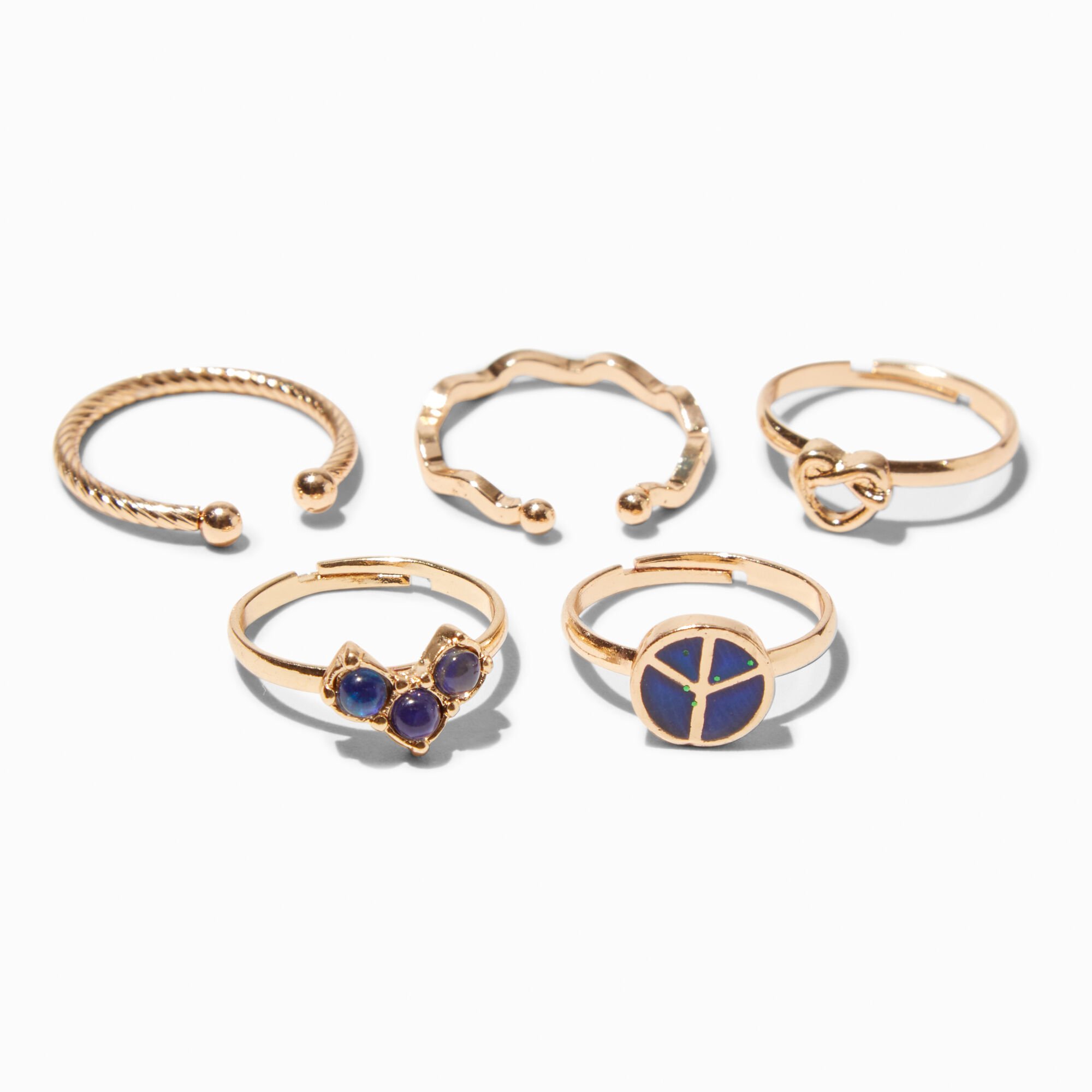 Gold-tone Mood Peace Sign Rings - 5 Pack ,