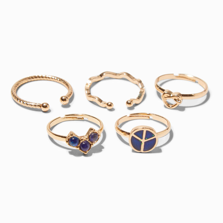 Gold-tone Mood Peace Sign Rings - 5 Pack ,
